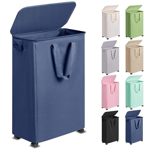 Vincona Slim Laundry Hamper with Lid and Wheels, Small Rolling Laundry Basket with Handle for Small Spaces, Tall Dirty Clothes Hampers for Dorm, Bathroom and Bedroom, 75L, Blue - Image 1