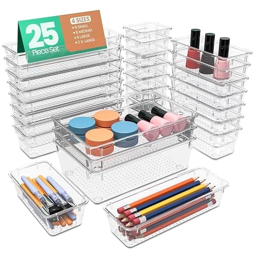 KICHLY 25 Pack Clear Plastic Desk Supplies Organizer, 4 Sizes Desk Drawer Organizer for Office Supplies, Vanity Organizers, Makeup, Gadgets, & Jewelry Storage Bins - Image 1