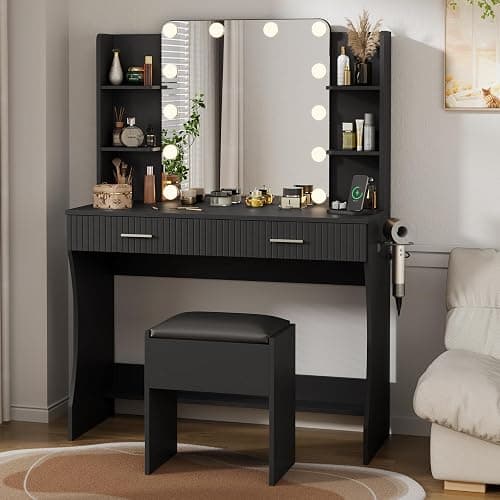 Otterease Vanity Desk with LED Lighted Mirror, 39.4" Large Makeup Vanity with 3 Adjustable Lights, 2 Large Drawers and 4 Open Shelves, Black Vanity with Storage Stool for Bedroom - Black - 39inch - Image 1