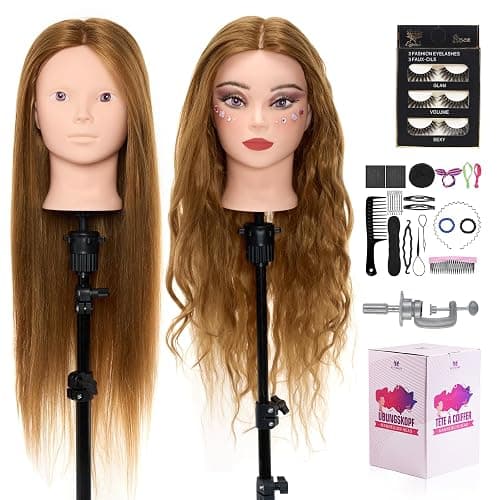Mannequin Head with 80% Real Human Hair, 28 Inch Make up Cosmetology Manikin Practice Head with Hair,Braiding Hairdressing Doll Head with Table Clamp + DIY Hair Styling Set - Image 1