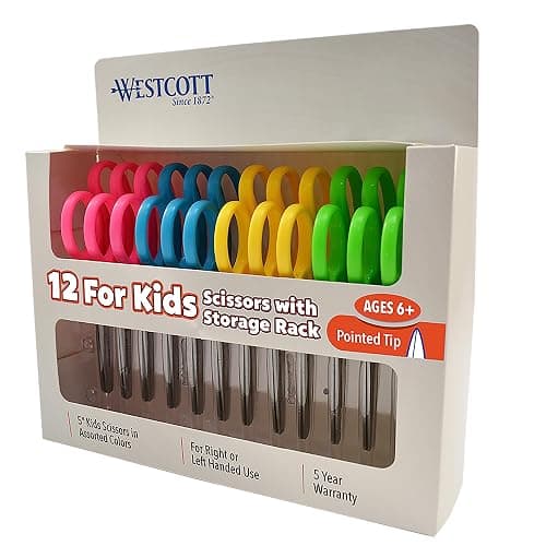 Westcott Right- & Left-Handed Pointed Scissors for Kids Ages 6+, Durable Stainless Steel Blades, Back to School Supplies, Classroom Scissors, Includes Storage Rack, 5-Inch, 12 Pack, Assorted Colors - Image 1