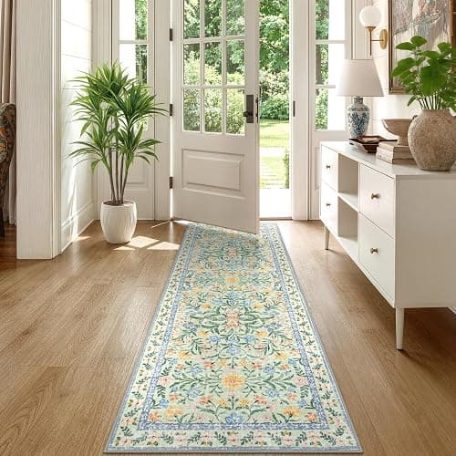 Morebes Washable Kitchen Runner Rug 2x6, Green Boho Floral Runners for Hallways, Soft Thin Indoor Throw Carpet Cottage Core Rug for Entryway Bathroom Laundry Room - Image 1
