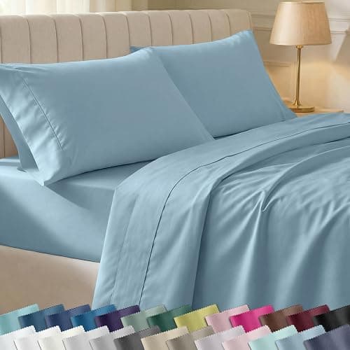 California Design Den Soft 100% Cotton Bed Sheets Full Size Set, 400 Thread Count Good Housekeeping Award Winner, Silky Smooth Sateen Weave with Deep Pockets, Durable Full Bed Sheet Set - Sky Blue - Image 1