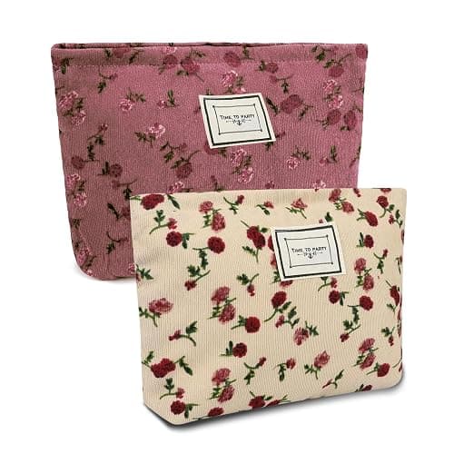 2pcs Floral Makeup Bags, Toiletries Bag for Women, Rose Flower Printing Corduroy Toiletry Bag - Large Capacity and Portable, Travel Makeup Bag Suitable for Ladies and Girls - Image 1
