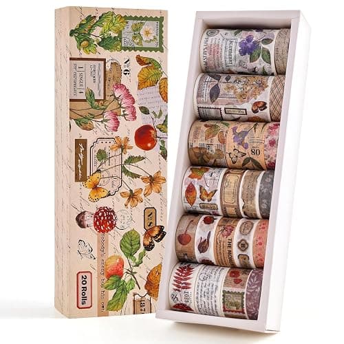20 Rolls Vintage Washi Tape Set, Floral Letter Butterfly Mushroom Botanical Flower Writable Decorative Tapes for Scrapbooking , Junk Journal Supplies, Bullet Journaling 10-60mm Wide 6.56ft long/Roll - Image 1