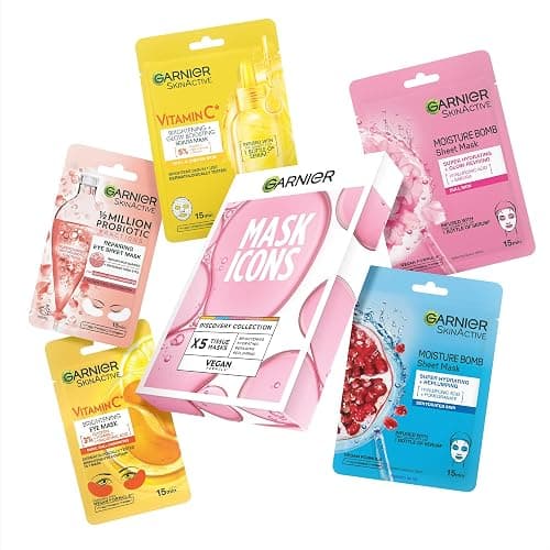Garnier Face & Eye Sheet Masks, Mask Icons Discovery Collection (Pack of 5) | With Vitamin C*, Hyaluronic Acid & Niacinamide, For Dehydrated Dull and Tired Skin, Mask Icons Collection - Image 1