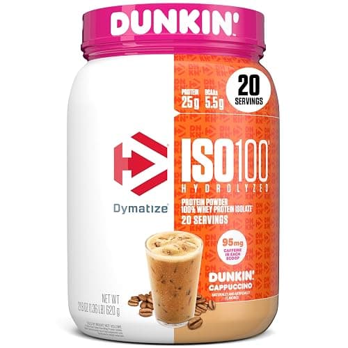 Dymatize x Dunkin' Cappuccino ISO100 Whey Protein Powder, 95mg Caffeine, 25g of Protein5.5g BCAAs, 120 Cal., Gluten Free, 1g Fat, 1g Sugar, 2g Carb (20 Servings) - Image 1