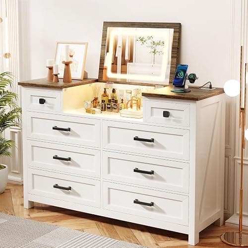 BROTTAR Dresser with Mirror for Bedroom, Chest of Drawers with LED Mirror, 8 Drawer Dresser with Charging Station, White Kids Dressers, Farmhouse Makeup Vanity with Storage for Bedroom - Image 1