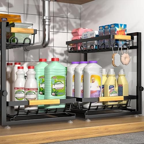 Sevenblue 2 Packs Under Sink Organizer, High Adjustable 2 Tier Under Kitchen sink organizer, Multi-Purpose Storage Shelf for Kitchen Bathroom Cabinet, Black - L - Black - Image 1