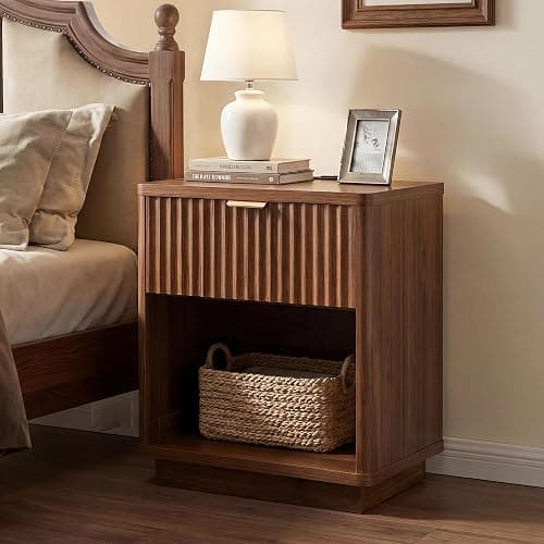Nasonet Fluted Nightstand with Charging Station, Wood Modern Night Stands Storage Cabinet for Bedroom, Walnut Bedside Table with Drawers - Image 1