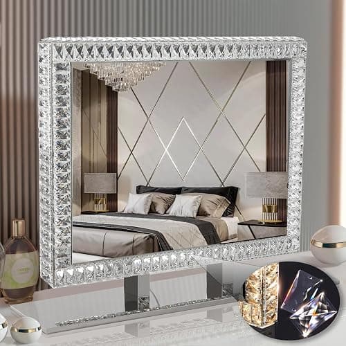 GDFYERD 36"x 28" Large Sparkling Crystal Vanity Mirror, Desk/Wall Mount Makeup Mirror with Touch Control 3 Colors Dimmable Led Lighted Vanity Mirror for Bedroom - Image 1