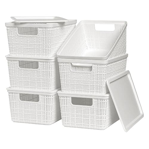 WRRLORS 6 Pack Plastic Storage Baskets with Lid,White Stackable Bins | Durable Woven Plastic With handle Breathable,Save space,For Organizing Desktops, Closets, Playrooms, Classrooms, Offices - Image 1