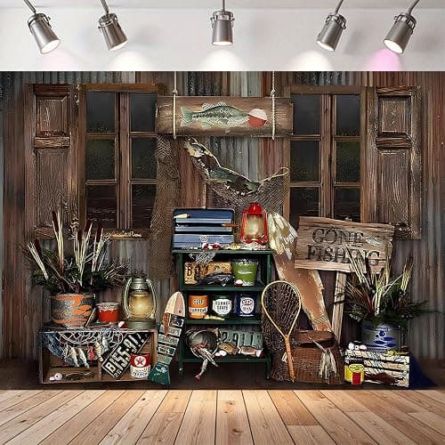 Rustic Wood Gone Fishing Photography Backdrop Fisherman Fishing Gear Background Fish Theme Party Birthday Party Decoration Child Portrait Photo Studio Props (7X5FT) - Image 1
