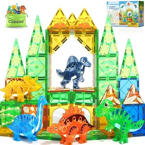 Dinosaur Toys Magnetic Tiles 3D Movable Dinos for Kids 3-5 5-7 Toddler Toy | Outdoor Sensory Toys with 5 Popular Dynamic Dinosaurs, STEM Educational Magnetic Blocks for 3+ Years Old Girls Kids Boys Toys - Image 1