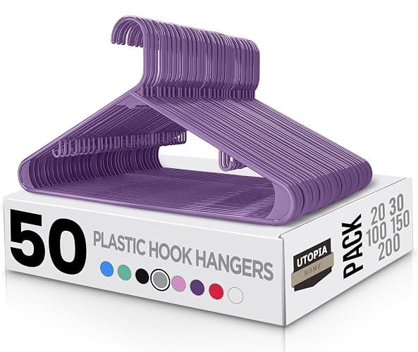 Utopia Home Plastic Hangers 50 Pack - Clothes Hanger with Hooks - Durable & Space Saving Coat Hanger - Heavy Duty Purple Hangers - Skirt Hangers - Purple - Pack of 50 - Image 1