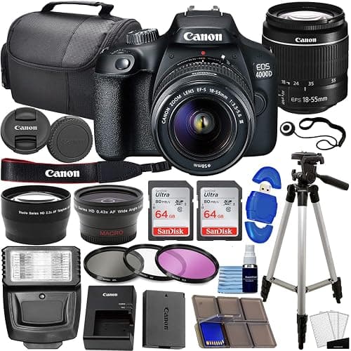 Canon EOS 4000D / Rebel T100 DSLR Camera w/EF-S 18-55mm f/3.5-5.6 Lens 3 Lens Kit Bundled with 128GB Memory + Wide Angle Lens + Telephoto Lens + Flash + More (Renewed) Black - Image 1