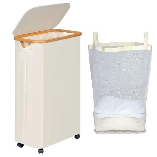 efluky Slim Laundry Basket with Wheels, Narrow Rolling Laundry Hamper with Lid and Removable Bag, Tall Aesthetic Dirty Clothes Hamper on Wheels for Laundry Room, Bedroom, Dorm and Bathroom, 75L Beige - 75L - Beige - Image 1