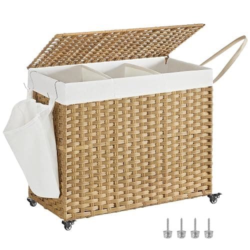 SONGMICS Laundry Hamper with Lid, 42.3 Gallons (160 L), Rolling Laundry Basket with Wheels, 3-Section Synthetic Rattan, Removable Liner, Bedroom, 29.9 x 13 x 26 Inches, Natural ULCB365N01 - Image 1