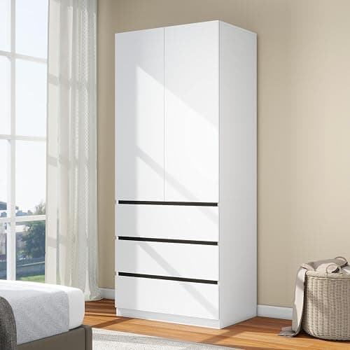 LABROSKIA Wooden Wardrobe Closet with 2 Doors: 75" Bedroom Armoire Wardrobe Closet with 3 Drawers, White Cabinet with Hanging Shelves, Large Storage Cabinet (Modern, 1) - Image 1