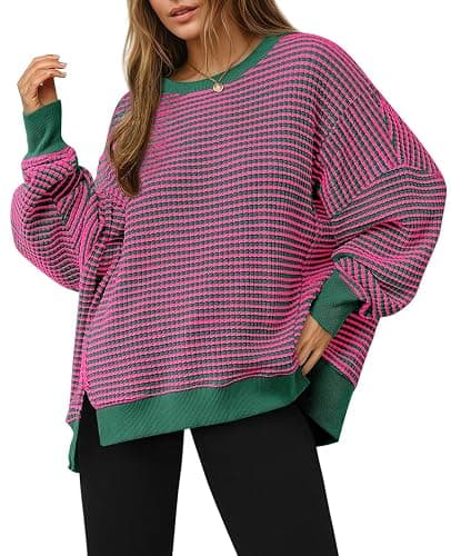 Fisoew Women's Fall Oversized Sweatshirt Casual Waffle Knit Long Sleeve Crewneck Split Pullover Tunic Tops - Image 1