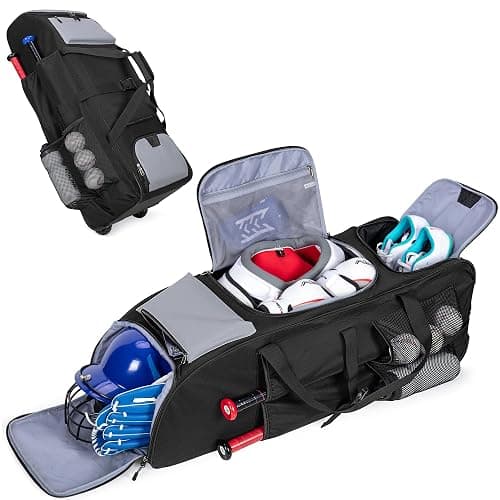 GOBUROS Rolling Baseball Bag for 4 Bats, Black Softball Bag with Wheels, Large Baseball Equipment Bag with Separate Shoe Compartment and Glove Pocket - Image 1