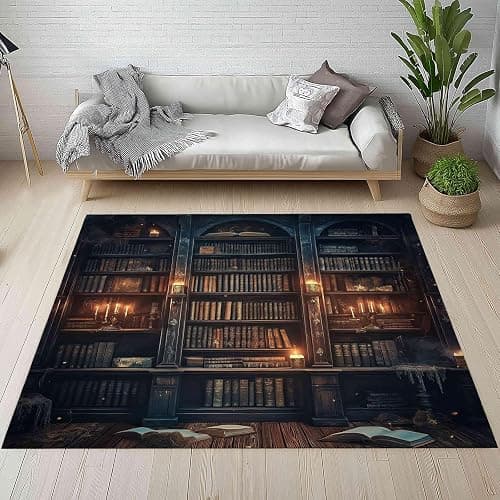 Gyuiffga Vintage Bookshelf 3x5 Area Rugs, Charcoal Grey Washable Rugs for Living Room, Non Slip Indoor Door Mat Throw Rug for Laundry Guestroom Room - 3X5ft - Image 1