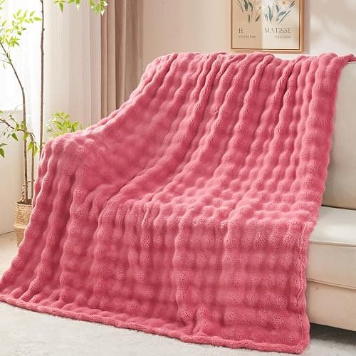 NEWCOSPLAY Throw Blanket for Couch Coral Pink Super Soft Flannel Fleece 3D Bubble Lightweight Bed Blanket All Season Use (Coral Pink, Throw(50"x60")) - Image 1