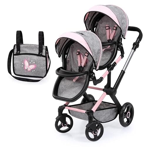 Bayer: Xeo Twin Pram - Butterfly Grey & Pink - Matching Handbag, Adjustable Handle, for Dolls Up to 20" - Image 1