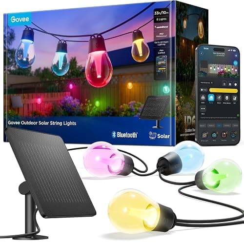 Govee Outdoor Solar String Lights 33ft, RGBICW Outdoor Lights with 8 Dimmable LED Shatterproof Bulbs, 112 Modes & APP Control, IP67 Waterproof Patio Lights for Garden, Backyard, Camping (Bluetooth) - Image 1