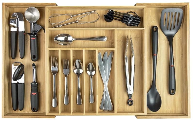 KitchenEdge Premium Silverware, Flatware and Utensil Organizer for Kitchen Drawers, Food-Safe Contract Grade, Expandable from 16 to 28 In, Natural Bamboo - From 16" to 28" wide - Natural Bamboo - Image 1