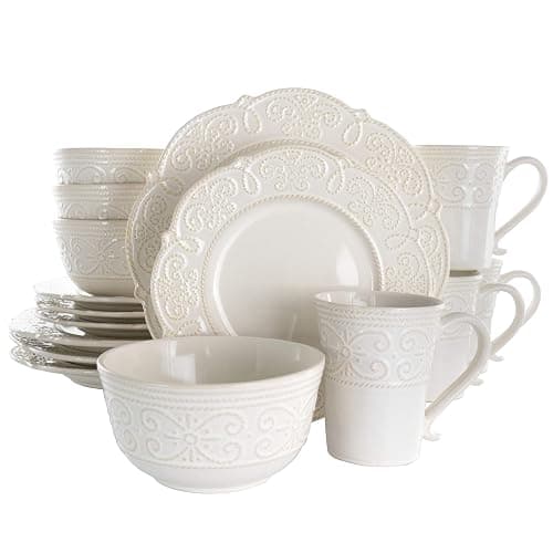 Elama Round Decorated Stoneware Scallop Embossed Dinnerware Dish Set, 16 Piece, Luna - 16 Piece - Luna - Image 1