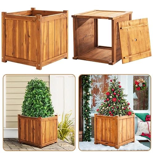 Idzo Set of 2 Hardwood Outdoor Flower Box, Durable Acacia Wood Flower Boxes for Outdoor Plants with Ergonomic Handles, Drainage Holes, Multiple Sizes Wood Bucket Planter for Home Décor - Set 2 Square Light Natural - Image 1