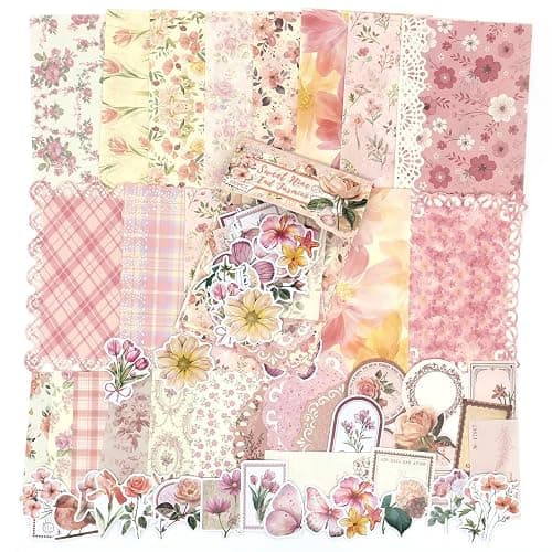 OKUPAN Scrapbook Supplies Kit – 100Pcs Vintage Floral Scrapbook Paper & Junk Journal Stickers, Journaling Supplies for Bullet Journaling, Retro Crafts, Mixed Media, Planner, Collage Card Album (Pink) - Image 1