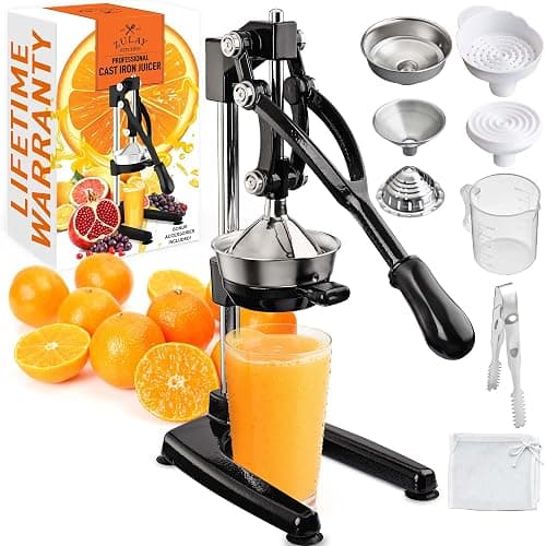 Zulay Kitchen Pulverizer 9 in 1 Cast Iron Juicer - Easy-to-Clean Heavy-Duty Manual Juicer with Presser Attachment to Juice All Types of Fruits! Extra Tall with Stainless Steel Bowl - Black - Image 1