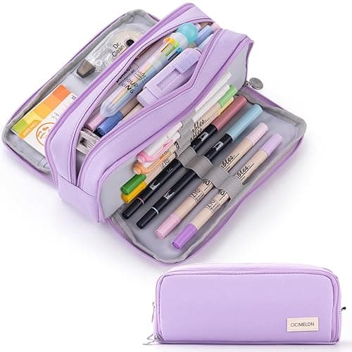 CICIMELON Large Capacity Pencil Case 3 Compartment Pouch Pen Bag for School Teen Girl Boy Men Women (Purple) - Image 1