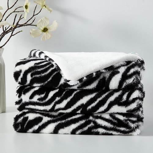 DREAMNINE Soft Cozy Plush Fuzzy Zebra Faux Rabbit Fur Throw Blanket 50" x 60", Double Sided Thick Warm Shaagy Fluffy Blankets for Winter, Cute Comfy Shag Animal Blanket for Women Kids, White and Black - Image 1