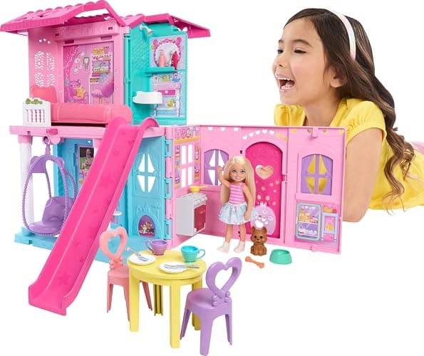 Barbie Chelsea Toy Dollhouse with 15+ Accessories, Pop-Up House Expands to 17+ x 13+ inches with 5 Play Areas & Slide, Includes Small Doll & Pet Dog - Image 1