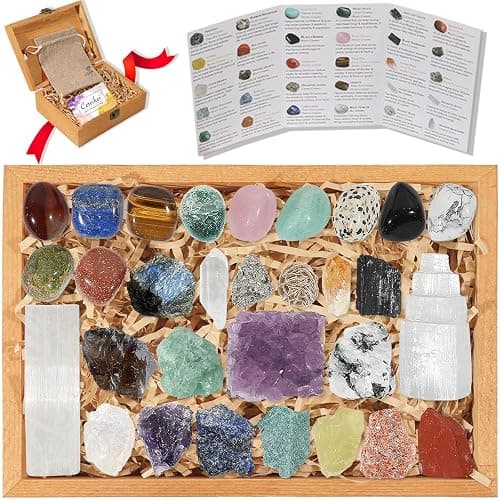30 PCS Crystals and Stones Set, Natural Raw Healing Crystals and Tumbled Chakra Stones, Premium Protection Crystal Gift Kit Display in Wooden Box with Info Guide, Meditation, Yoga, Home Decor | Natural Raw Healing Crystals, Tumbled Chakra Stones, Premium Protection Crystal Gift Kit, Meditation, Yoga, Home Decor - Image 1