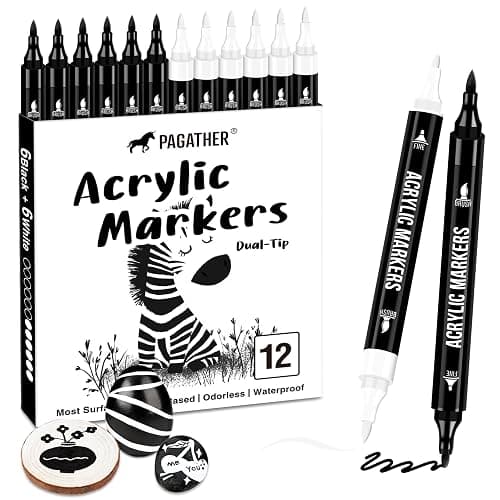Pagather Black and White Acrylic Paint Markers, Dual Tip with Fine Tip and Brush Tip Pens for Fabric, Stone, Wood, Canvas, Ceramic, Metal, Glass, Rock Painting, DIY Crafts - Image 1