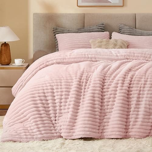 BEDELITE Fleece Queen Comforter Set -Super Soft & Warm Fluffy Pink Bedding, Luxury Fuzzy Heavy Bed Set for All Season with 2 Pillow Cases - Image 1