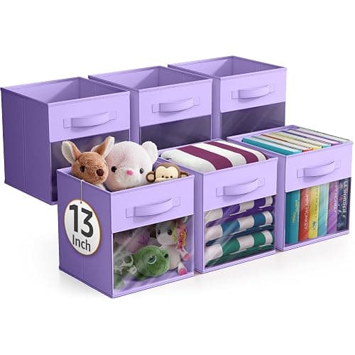 Sorbus Storage Cubes with Clear Window, 6 Pack (13 Inch, Purple) | Sturdy foldable fabric baskets with carry handles organize clothes, toys and books on shelves, in closets and playrooms. - Image 1