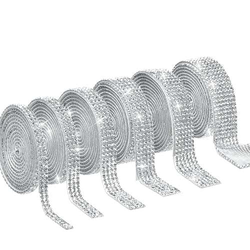 6 Rolls Rhinestone Ribbon Self Adhesive,6 Yard Silver Rhinestone Strips Self Adhesive, Bling Crystal Diamond Ribbon Roll Rhinestones Tape Sticker Wrap Glittering for Decoration Car Craft - Image 1