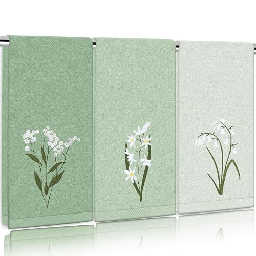 FYSUIMU 3Pcs Gradient Sage Green Hand Towels 29.5 x 13.7 Inch Floral Embroidered Cotton Bathroom Towels Elegant Greenery Absorbent Bath Towels for Hand Drying Cleaning Cooking - Image 1