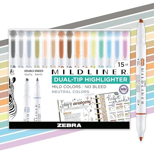 Zebra Pen Mildliner Dual-Tip Highlighter Set, Broad and Fine Point Tips, No Bleed, Ideal for Bible Highlighting, Giftable Art Supplies and Teacher Gifts, Neutral Vintage Ink Colors, 15-Pack (78315) - Image 1