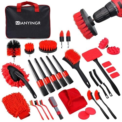 MIANYINGR 32Pcs Car Detailing Kit, Auto Detailing Brush Set and Drill Brush Attachments with Portable Handbag, Multi-Functional Vehicle Cleaning Tool for Wheels, Windshield - Image 1