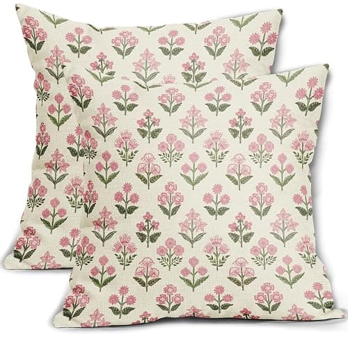 Sivirary Pink Green Block Print Pillow Covers 18x18 Inch Set of 2 Vintage Floral Decorative Pillow Cases Boho Outdoor Linen Square Cushion Cover Rustic Farmhouse Decor for Bedroom Home Sofa Couch Bed - 18" x 18" (Pack of 2) - Pink Green - Image 1