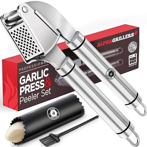 Alpha Grillers Garlic Press Stainless Steel - Easy to Clean, Rust-Proof, Dishwasher Safe - Stainless Steel Garlic Press, Mincer, Crusher with Silicone Peeler & Cleaning Brush - Image 1