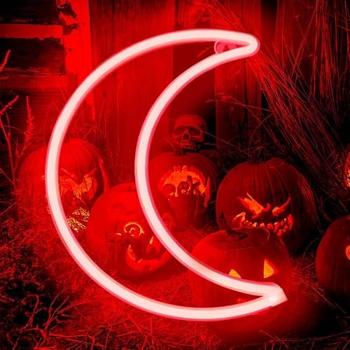 LED Red Moon Neon Light, Cute Neon Moon Sign,Halloween Room Decor Battery or USB Powered 5V Art LED Decorative Lights Night Lights Indoor for Home, Bedroom, Office,Dorm,Party - Image 1