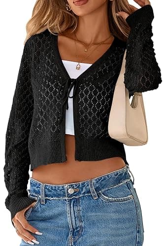 SimpleFun Womens Crochet Cardigan Casucal Tie Front Shrugs Sweaters Long Sleeve Knit Cropped Cardigans Tops - Image 1