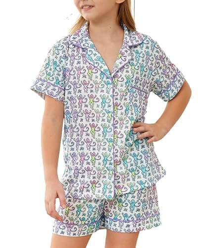 HMPEAIIY Cute Monkey Pajamas Set for Girls, Kids Summer Button Down Matching Y2k Loungewear PJs Christmas Thanksgiving Gift - Image 1